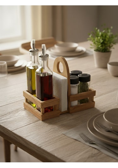 Ahşap Doğal Baharatlık Yağdanlık Ve Peçetelik Takımı Kısa Başlık Set Kiraz 1 Set Ahşap