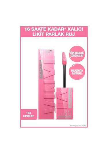 Maybelline New York Super Stay Vinyl Ink Uzun Süre Kalıcı Likit Parlak Ruj 155 Upbeat