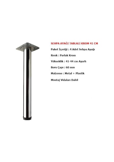 Eymenyapimarket 4 Adet Sehpa Ayağı 41 Cm Ayarlı Krom Mobilya Ayak Çap : 60 Mm