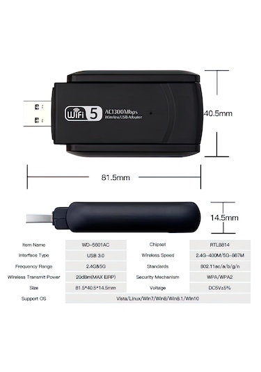 Kablosuz Wifi Alıcı Dual Band Usb 3.0 Adaptör Ac1300 Mbps