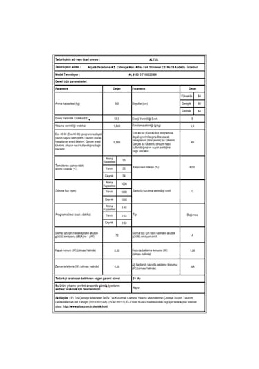 Altus AL 9103 D 1000 Devir 9 KG Çamaşır Makinesi