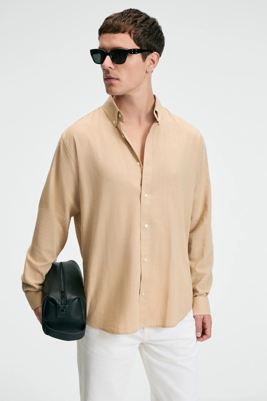 Grımelange Perttu Erkek %100 Pamuk Slim Fit Dar Kesim Düğmeli Yaka Keten Görünümlü Flamlı Bej Gömlek Bej