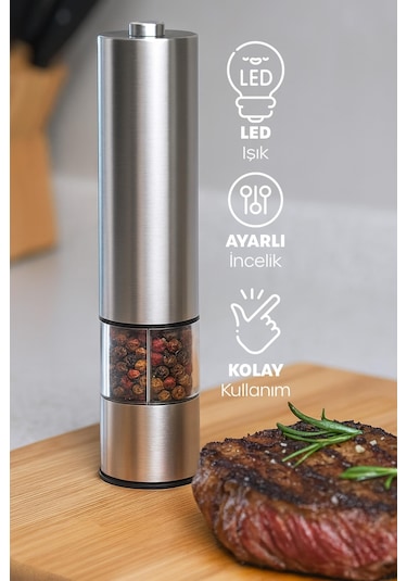 Çelik Led Işıklı Elektronik Baharat Öğütücü Otomatik Tuz Biber Baharat Değirmeni Pille Çalışan 1adet Gri