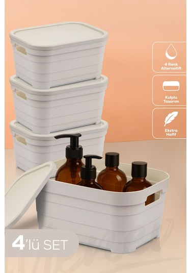 Vienev 4'lü Kapaklı 3,8 Litre Saklama Kutusu Bej Bej