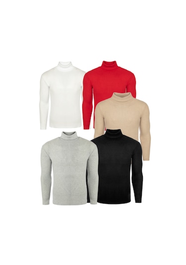 Ribac Boğazlı Balıkçı Triko Erkek Kazak 5'li Paket - Beyaz-Siyah-Gri-Bej-Bordo Çok Renkli