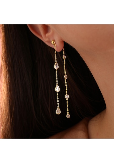 Queen Silver Jewelry 925 Ayar Gümüş. Damla Ve Yuvarlak Zirkon Taş Sallantılı Küpe Altın