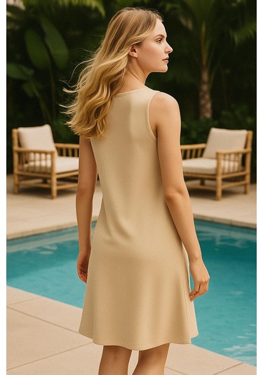 Modal Kumaş Rahat Kalıp Basic Günlük Elbise Bej