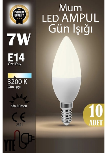 10 Adet Kaliteli Gün Işığı 7w Mum Led Ampul E14 Duy
