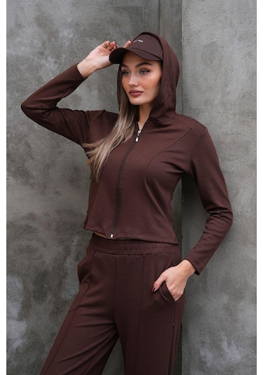 Elaxi Modal Kumaş Slim Fit Kapüşonlu İkili Takım Kahverengi