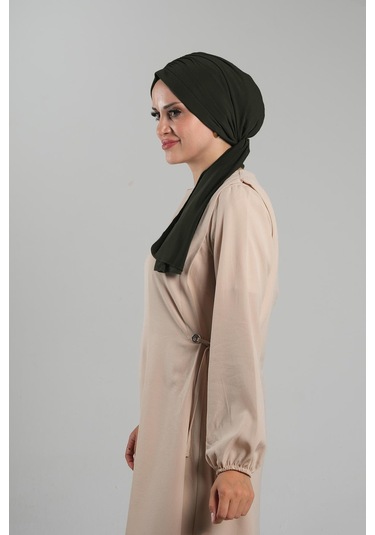 Haki Pratik Hazır Geçmeli Tesettür Bone Kesik Elyaf Sade 2111 09 Haki