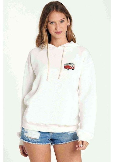 Araba Minibüs Kırmızı T2 Baskılı Beyaz Kadın Kapşonlu Sweatshirt