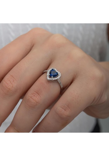 Kalpli Parlmanet Mavisi Taşlı Gümüş Tektaş Yüzük