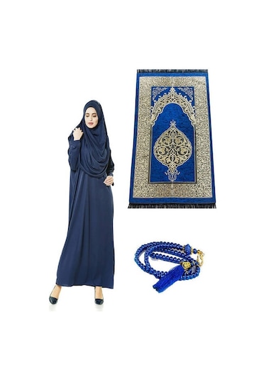 Tek Parça Namaz Elbisesi - Seccade - Tesbih - İbadet Seti - Lacivert