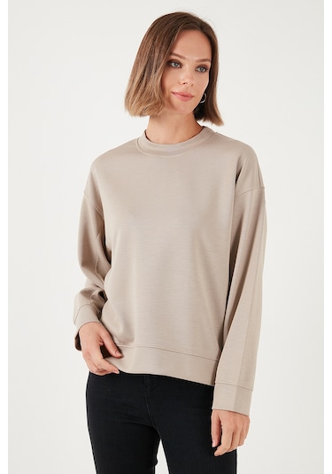 Lela Streç Bisiklet Yaka Oversize Fit Scuba Bayan Sweat 5865879 Taş