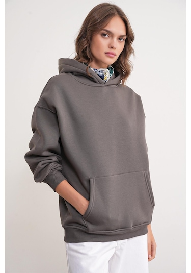 Mixray 2022 Unisex 3iplik Basic Polarlı Kapüşonlu Sweatshirt Hoodie Antrasit
