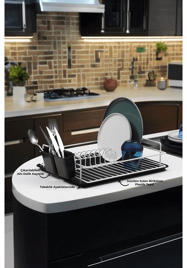 Tek Katlı Beyaz Bulaşıklık Dayanıklı Paslanmaz Termoplastik Kaplama Bulaşık Sepeti, Tepsili, Tabak Ve Kaşık Kurutmalık Beyaz - Siyah