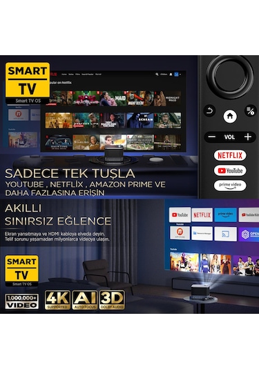 Vankyo Aurzen Boom 3 WiFi + Bluetooth 300 Inç 4K Smart TV Projeksiyon Cihazı Siyah