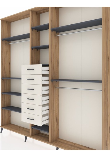 Arges Dolap 10 Raflı 6 Çekmeceli 3 Askılı 220x30x243 Çam-antrasit/aytaşı Antrasıt/aytası