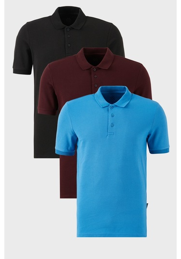 Buratti Pamuklu Regular Fit Düğmeli Polo Yaka 3'Lü Paket Erkek T Shirt 5902127S3 Siyah-Vişne-Koyu Mavi