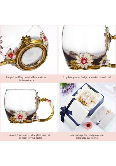 Padalink Kahve Rengi Porselen Çiçek Desenli 320ml Cam Bardak + Kaşık + Temizleme Bezi Seti, Isı Dayanıklı, Çay/kahve İçin, Dekoratif lik Paket Kahve