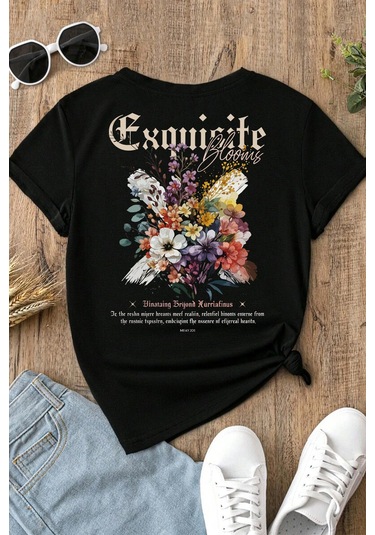 Spoyi Exquisite Bloom Tasarımlı %100 Pamuk Yarım Oversize Siyah T-lhirt