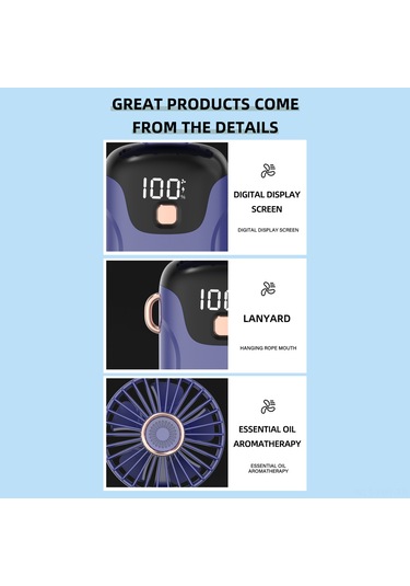 Hangfox Mavi Elden Taşınabilir Katlanabilir Fan - 5 Seviye Rüzgar, Led Ekran, Pil Göstergesi, Telefon Tutucu, Düşük Gürültü
