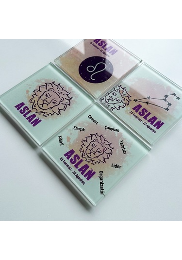 Decorita Cam Bardak Altlığı Burçlar - Aslan Burcu 4'lü Takım Çok Renkli