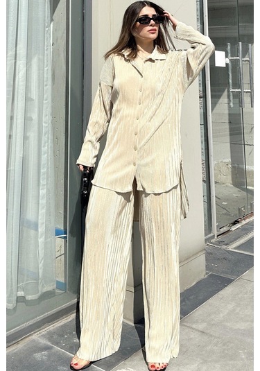 Kadın Sarı Uzun Tunik Gömlek & Beli Lastikli, Bol Paça Pantolon - Salaş Bürümcük Takım Sarı