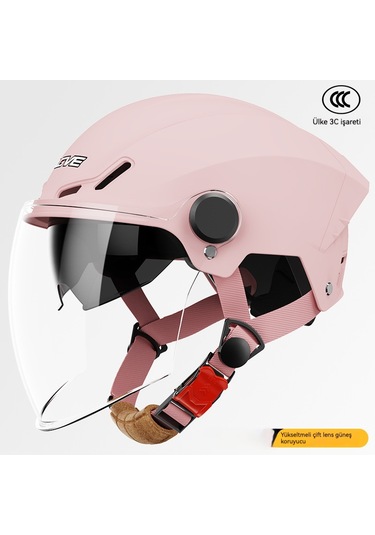 Elektrikli Akü Motosiklet Kask Güneş Koruyucu Yarı Kask Sürüş Kaskı Erkek Bayan Yaz 3c Sertifikası Kırmızı - Pembe