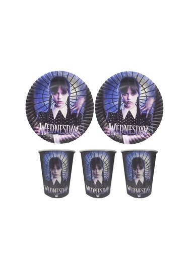 8 Kişilik Wednesday Tabak, Bardak Yazı Balon Seti, Addams Wednesday Parti Doğum Günü Parti Süsleri
