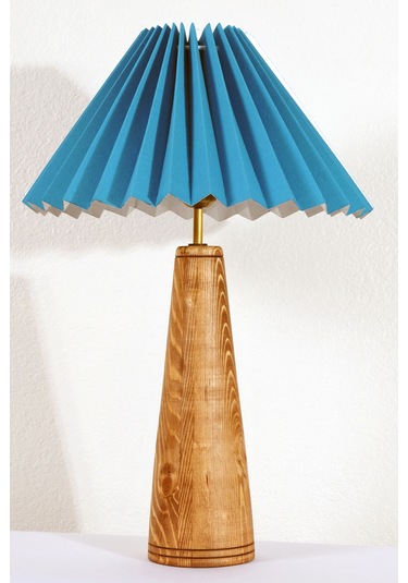 El Yapımı Asya Tarzı Pileli Başlıklı Ahşap Abajur Mavi