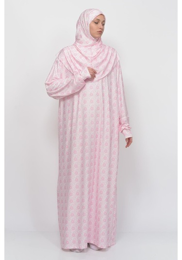 Pratik Tek Parça Güneş Desenli Kollu Tak Çıkar Başörtülü Likralı Tesettür Namaz Elbisesi 990-0302 Pembe Antrasit