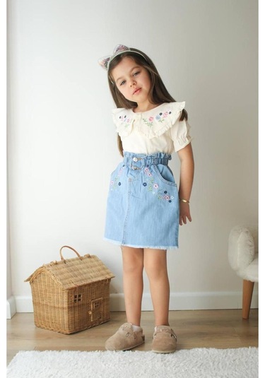 Çiçek Nakış İşlemeli Kot Etekli Kız Çocuk Takım Mavi