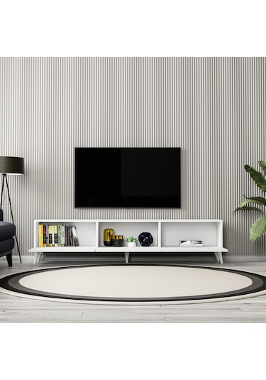 1250 Elisa 3 Kapaklı Kulpsuz 180 Cm Ayaklı Tv Ünitesi Beyaz