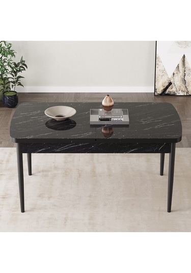 Mabel Siyah Mermer Desen 80x132 Açılabilir Yemek Odası Takımı 6 Adet Sandalye Kahverengi