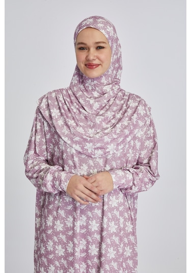 Pratik Tek Parça Manolya Desenli Namaz Elbisesi Pembe