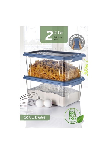 2'li Mega 10l Un Bakliyat Erzak Kabı - Kilitli Kapaklı Banyo Düzenleyici Deterjanlık Saklama Kutusu Mavi