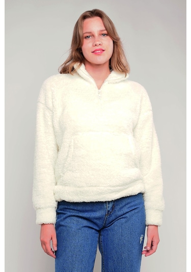 Gabria Kanguru Cepli Yarım Fermuarlı Peluş Sweat Ekru