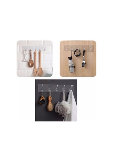 2 Adet 5 Li Yapışkanlı Şeffaf Duvar Askısı Mutfak Düzenleyici Şeffaf