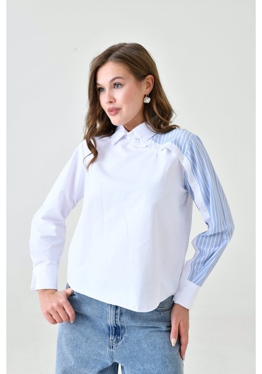 Kadın Özel Tasarım Yaka Kol Düğmeli Çizgi Garnili Tesettüre Uygun Bluz Gömlek Beyaz