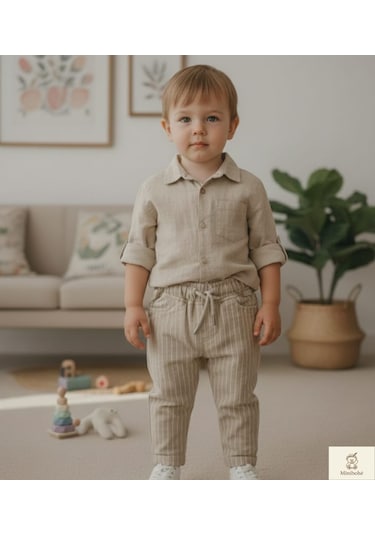 Minibohe Erkek Bebek & Çocuk Çizgili Pantolon Bej Bej