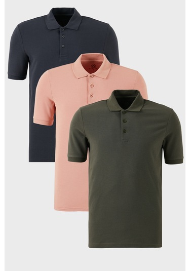 Buratti Pamuklu Regular Fit Düğmeli Polo Yaka 3'Lü Paket Erkek T Shirt 5902127S3 Antrasit-Haki-Pudra