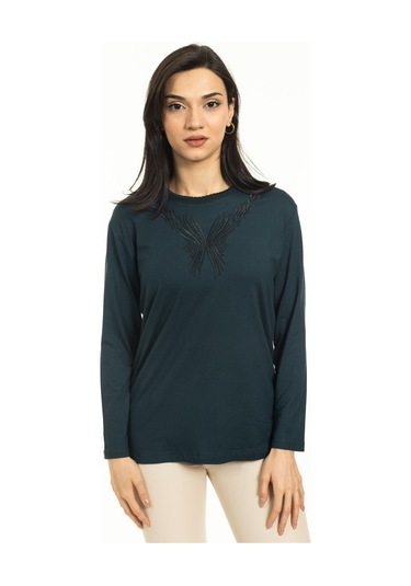 Yeni Sezon Kadın Orta Yaş ve Üzeri Yeni Desen Triko Yaka Likralı Anne Penye Bluz 30520-Yeşil