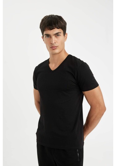 DeFacto Slim Fit Dar Kesim V Yaka Kısa Kollu Pijama Üstü L4884AZ24WNBK81
