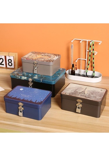 Kilit Anahtarlı Büyük Kapasiteli Teneke Kutu Metal Kutu Yüksek Kaliteli Masaüstü Saklama Kutusu Diğer