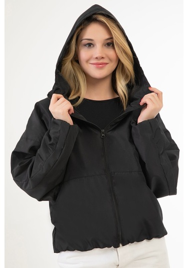 Riverstorm Kadın Siyah Su Ve Rüzgar Geçirmez Kapüşonlu Cepli Oversize Yağmurluk - Rüzgarlık Siyah