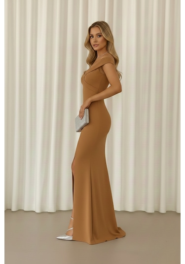 Defymoda Kadın Kolsuz Kayık Yaka Estetik Abiye Elbise Kahverengi