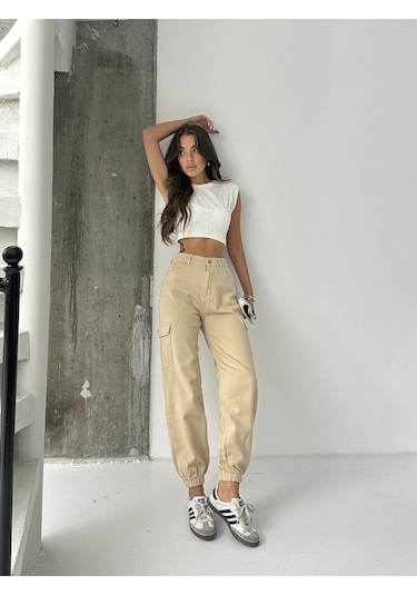 Kadın Paça Lastik Kargo Cep Keten Mom Pantolon Bej