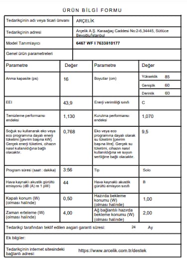 Arçelik 6467 WF I 6 Programlı 16 Kişilik Bulaşık Makinesi
