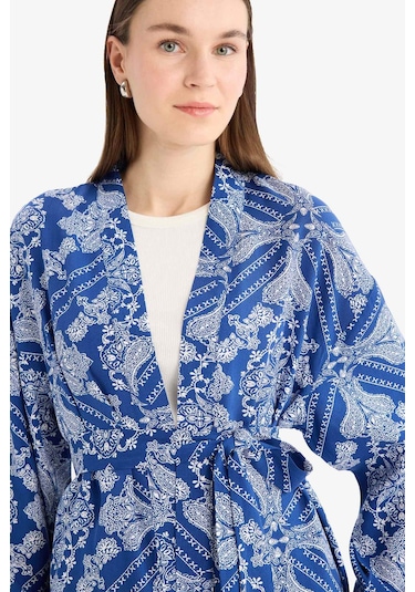 Defacto Relax Fit Bisiklet Yaka Desenli Viskon Kimono E7262ax25smbe399 Mavi
